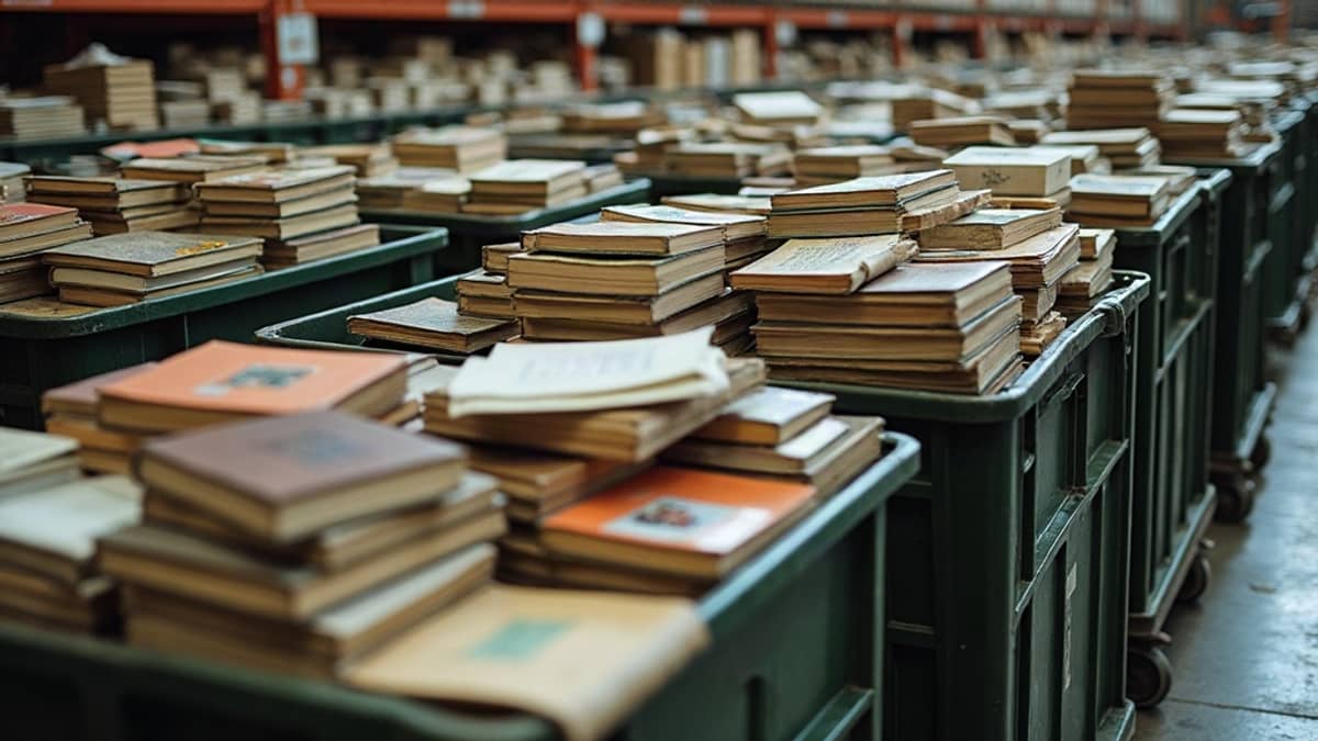 Large rolling bins heaped with secondhand goods and books in a bright warehouse